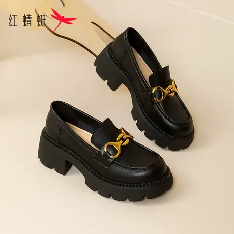 红蜻蜓真皮乐福鞋女2023年秋季新款厚底增高单鞋一脚蹬舒适小皮鞋商品大图