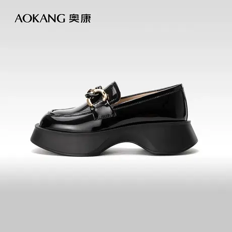 奥康女鞋 2024春季新款真皮女单鞋漆皮休闲时尚百搭厚底小皮鞋图片