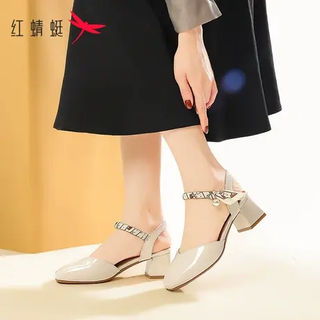 红蜻蜓高跟凉鞋女2023年夏季新款粗跟女鞋一字带法式方头包头凉鞋商品大图