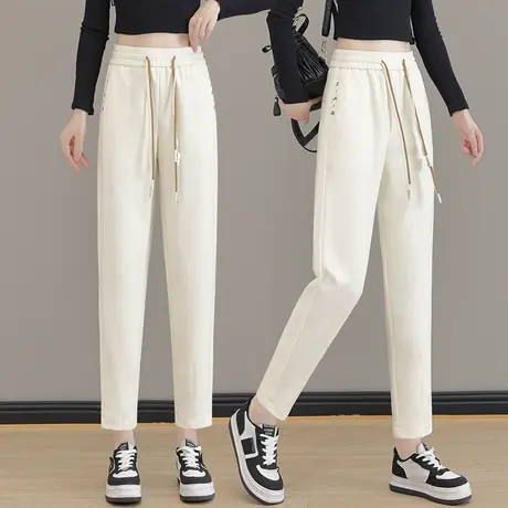 松紧高腰哈伦裤女秋款灯芯绒抽绳宽松老爹裤中年胖MM显瘦九分垮裤图片