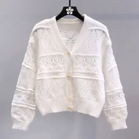 小香风薄款V领毛衣外套女秋冬2023新款慵懒风设计感短款针织开衫图片