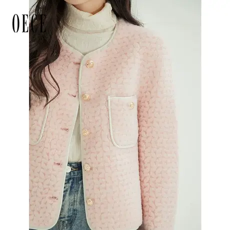 Oece高级感毛毛外套2022冬季新款女装粉色气质羊羔毛大衣小个子图片