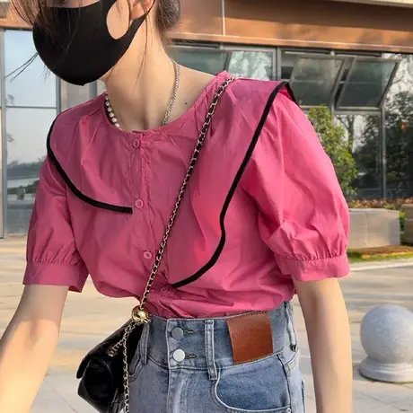 2023夏季新款欧货不规则荷叶边短袖衬衫女时尚宽松设计感小众上衣商品大图