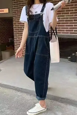 韩版牛仔背带裤女减龄春秋新款宽松直筒深蓝高腰大口袋连体裤长裤商品大图
