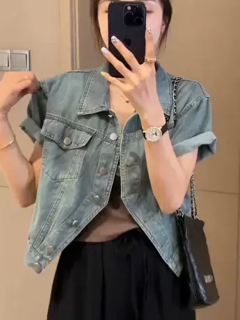 短袖小众设计水冼牛仔外套女装春夏秋款复古时尚宽松显瘦休闲上衣商品大图