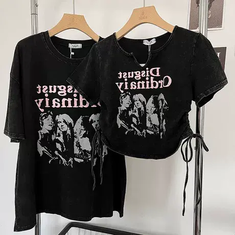 美式复古做旧水洗t恤短袖女hiphop潮牌情侣装ins夏季短款辣妹上衣图片