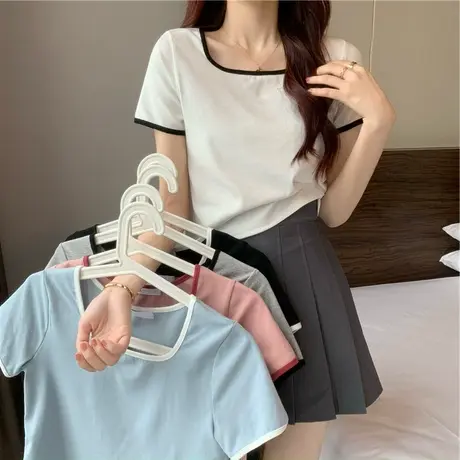 锁骨t恤短袖2023年新款早春夏季纯色短款修身上衣辣妹风ins潮女装商品大图