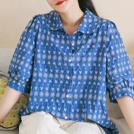 胖妹妹夏季2023新品纯棉满幅绣短袖衬衫 大码微胖蓝色宽松上衣商品大图