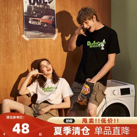 唐狮2023夏七夕情侣短袖T恤男女同码前胸印花圆领套头体恤情侣装y商品大图