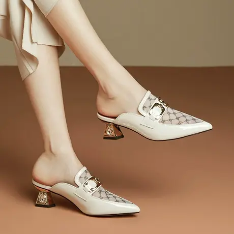 时尚欧美风尖头懒人拖女外穿透气网纱金属扣粗跟羊皮包头凉拖半拖商品大图