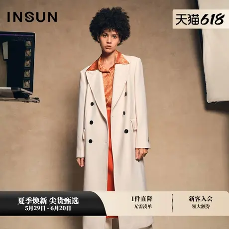 INSUN恩裳秋季双排扣垫肩中长羊毛大衣图片