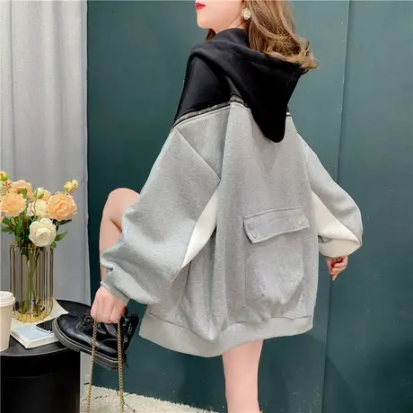 撞色连帽卫衣女春秋2021年新款韩版宽松百搭拉链休闲减龄外套上衣商品大图