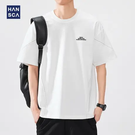 hansca 250g夏季美式短袖T恤男2025新款字母刺绣落肩圆领休闲上衣商品大图
