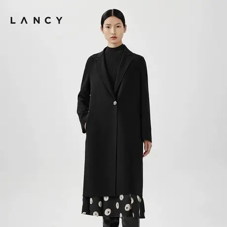 LANCY/朗姿2025年春新款黑色一粒扣羊毛大衣女中长款保暖毛呢外套图片