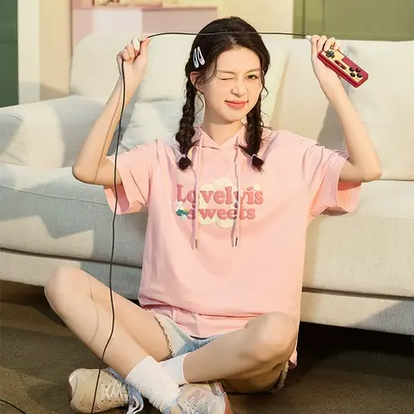 唐狮夏季新款连帽卫衣t恤女薄款宽松短袖上衣休闲短袖卫衣女商品大图