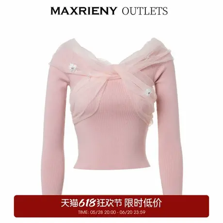 【奥莱】MAXRIENY复古感蝴蝶结一字肩网纱套头针织修身上衣女商品大图