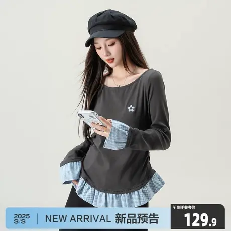唐狮2025春秋季新款长袖T恤女早秋穿搭假两件独特设计感上衣潮流图片