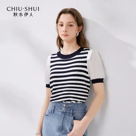 【晶晶姐妹专属】秋水伊人简约百搭条纹针织衫夏女圆领泡泡袖上衣图片