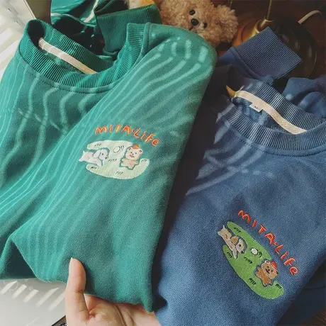 刺绣套头卫衣女春秋薄款韩版chic港风宽松百搭时尚长袖圆领上衣潮商品大图