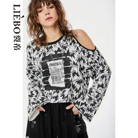 裂帛LIEBOFeng原创设计ins露肩复古街头摇滚标语黑白撞色长袖卫衣商品大图