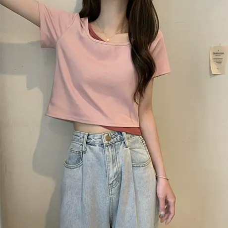 纯欲辣妹假两件不规则t恤女短袖夏季设计感小众独特别致短款上衣商品大图