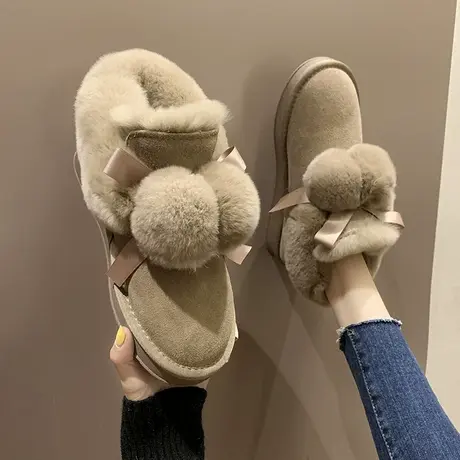 毛球雪地靴女皮毛一体2023年新款可爱冬加绒面包毛毛棉鞋防滑保暖图片