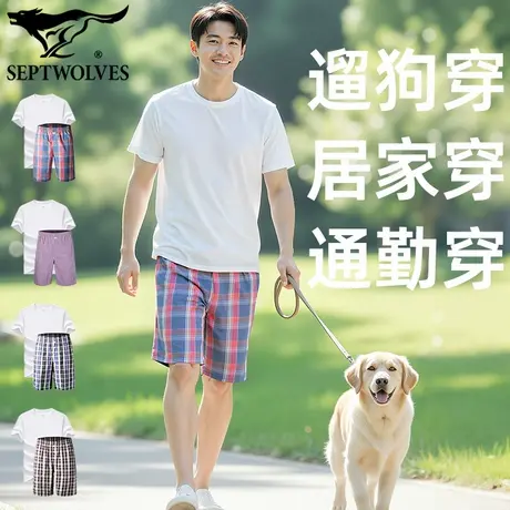 七匹狼纯棉家居服套装男秋季新款五分短裤全棉短袖薄居家睡衣格纹商品大图