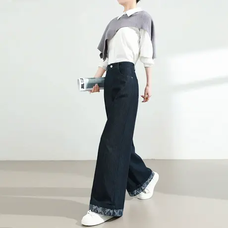 莱赛尔翻边印花阔腿牛仔裤女春秋高腰显瘦宽松垂感拖地直筒长裤子商品大图