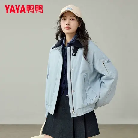 鸭鸭羽绒服男女同款2025年冬季新款短款休闲时尚复古撞色夹克外套商品大图