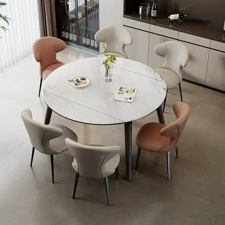 全友家居新款高端微晶石餐桌实木腿客厅家用可伸缩变圆饭桌商品大图