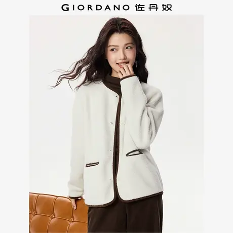 佐丹奴外套女装仿羊羔绒撞色边圆领针织外套 13375785商品大图