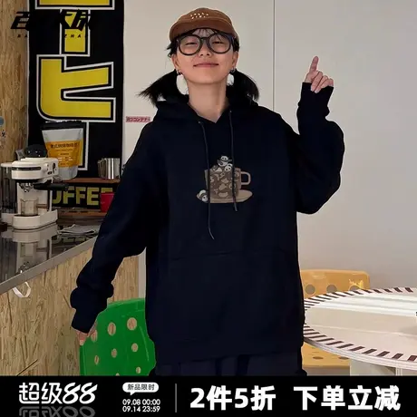 2025秋季设计感熊猫杯印花连帽卫衣女国潮正肩纯棉青少年外套潮图片