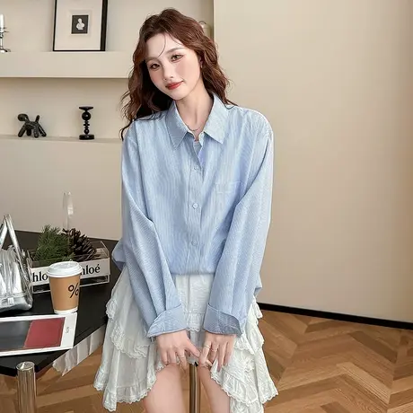 唐狮秋季长袖衬衫女蓝色条纹衬衫设计感字母美式高级感上衣BLtu商品大图