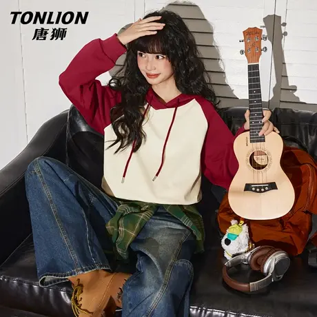 唐狮官方短款卫衣外套女春秋款2026新款撞色插肩连帽套头上衣女VB图片