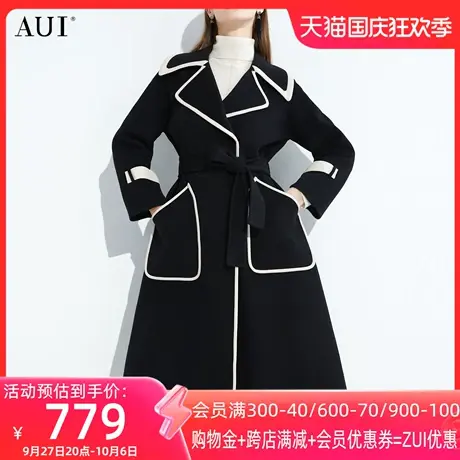 AUI黑色100%羊毛双面呢大衣女2022秋冬新款赫本风中长款毛呢外套商品大图