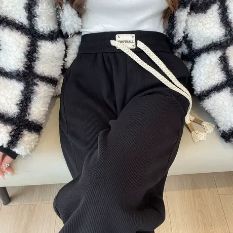 雪尼尔阔腿裤女秋冬新款高腰直筒拖地裤加绒加厚黑色窄版休闲裤子图片