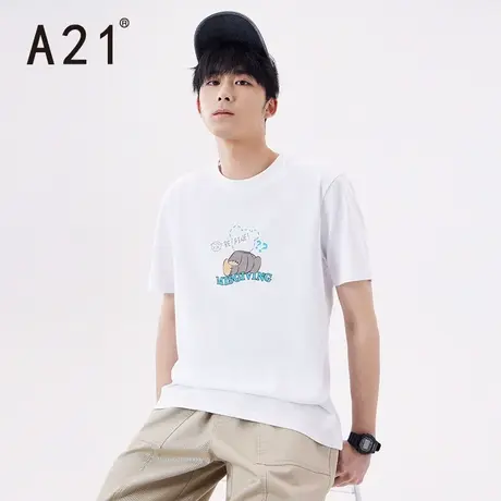 A21outlets男装白色圆领短袖T恤夏季潮牌男士纯棉半袖上衣男夏装图片