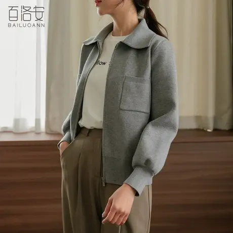 百洛安复古拉链针织外套女外搭开衫秋季时尚翻领口袋长袖毛衣上衣商品大图