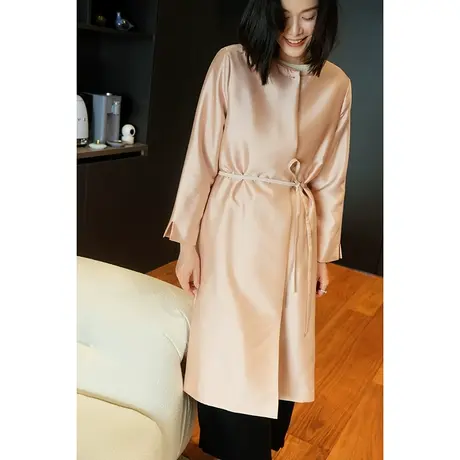 23秋冬新款女装复古优雅系带桑蚕丝+羊毛系带女士中长款外套风衣图片