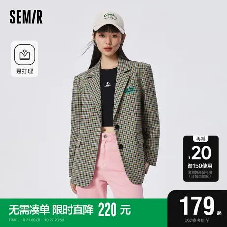 [商场同款]森马休闲西服女中长款易打理2023春季新款宽松格纹外套商品大图