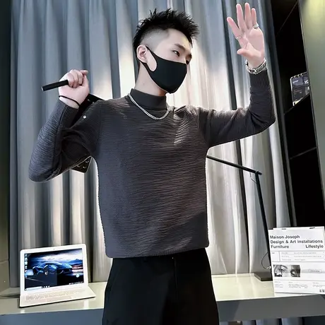 秋冬款纯色修身半高领针织毛衣男2023条纹小众简约轻熟风内搭线衣商品大图