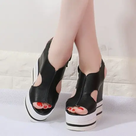 厚底罗马凉鞋女夏2023新款超高跟13cm真皮运动厚底坡跟鱼嘴松糕鞋图片