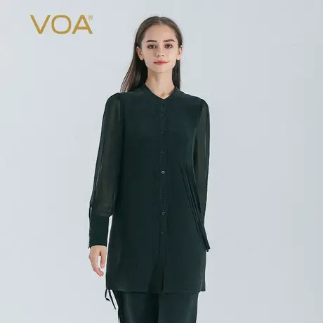 VOA松绿40姆米鬼纡重磅桑蚕丝立领拼接乔其丝绸长袖真丝中长衬衫图片