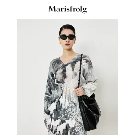 【商场同款】玛丝菲尔针织衫夏季新款V领高阶时尚印花长袖上衣女商品大图