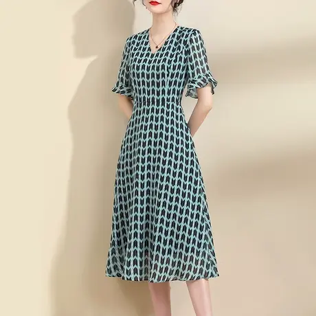 水墨青华2024夏季新品百搭时尚V领印花裙中长款显瘦雪纺连衣裙商品大图