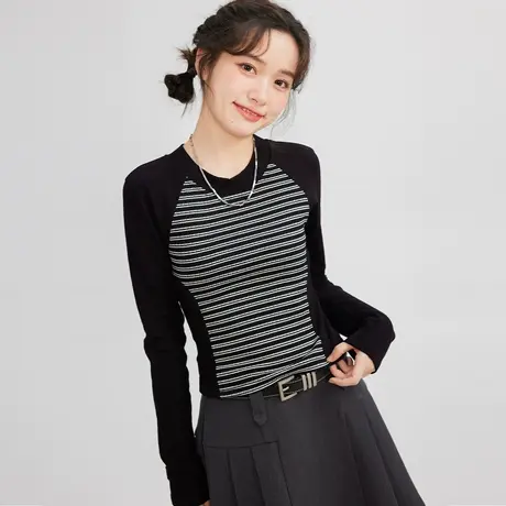 尔给黑色紧身条纹打底衫女秋冬内搭长袖短款独特别致小上衣收腰图片