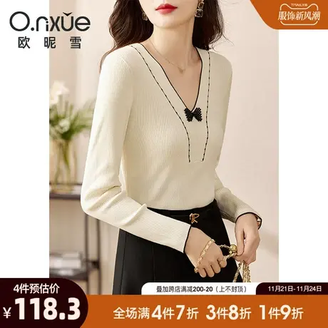 欧昵雪2024春秋新款针织衫女气质V领蝴蝶结修身显瘦长袖套头上衣商品大图