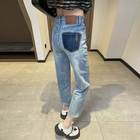 高腰牛仔裤女直筒宽松2024春季新款显瘦阔腿八九分小个子烟管裤子商品大图