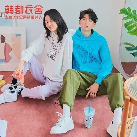 韩都衣舍啵啵熊刺绣卫衣女春秋冬宽松韩版休闲百搭情侣上衣商品大图