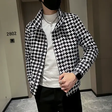痞帅春秋季格子夹克男韩版潮流男装上衣2023新款休闲褂子潮牌外套商品大图